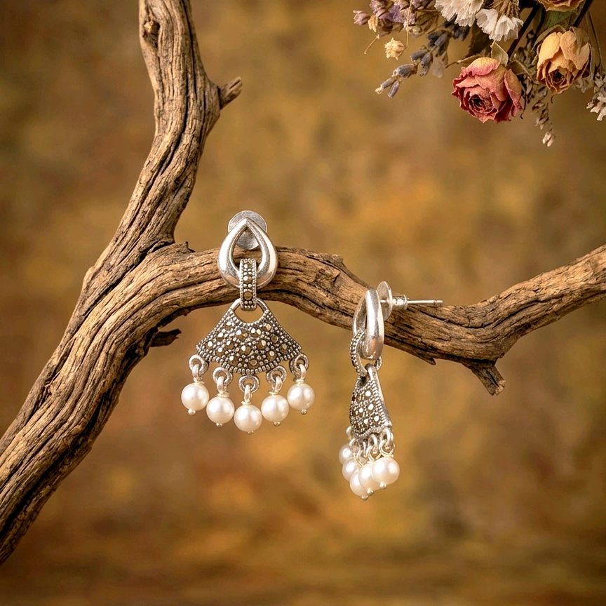 Marcasite Drop Pearl Earrings